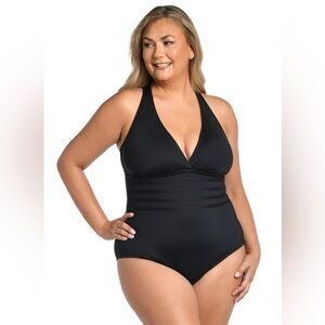 La Blanca black island goddess strappy v neck one piece bathing swim suit sz 16